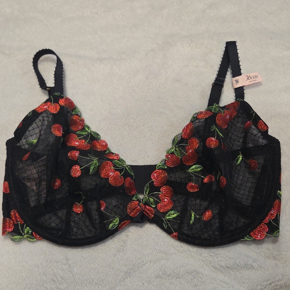 Victoria's Secret Black Bra with Red Cherry Embroidery